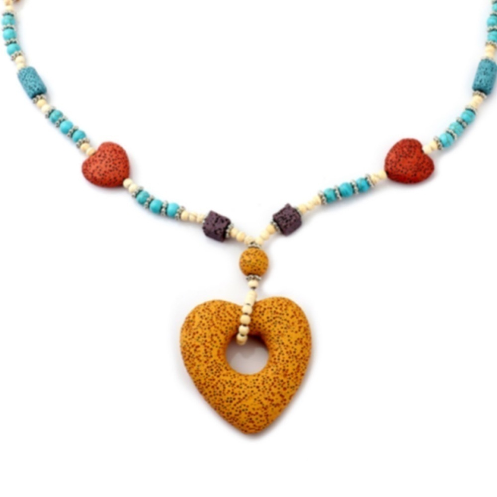 Multi Color Lava & White Blue Howlite Beaded Necklace Heart Charm 28” Silvertone - Picture 5 of 7
